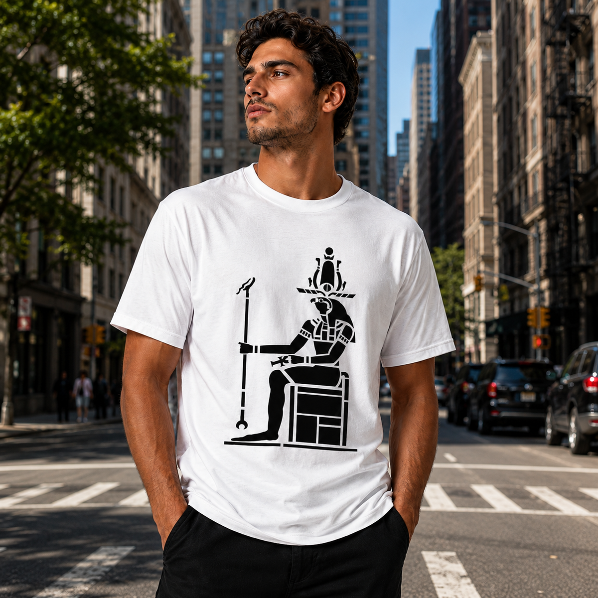 QAWQAB campaign — model wearing THE GUARDIAN tee in New York