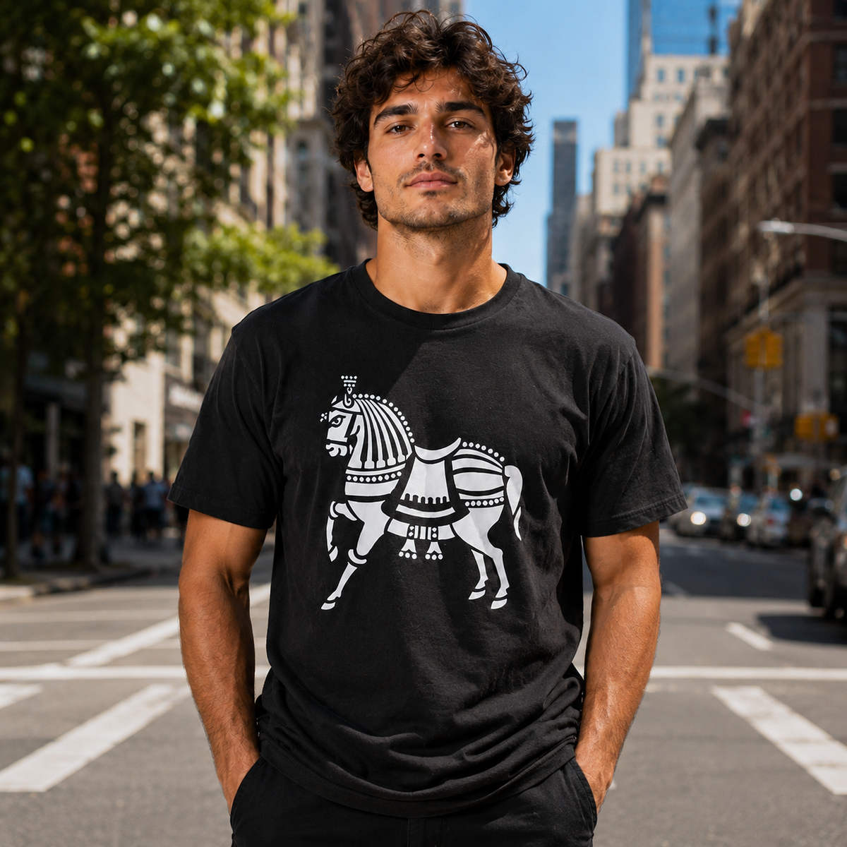 QAWQAB editorial — model wearing ROYAL STALLION tee in New York