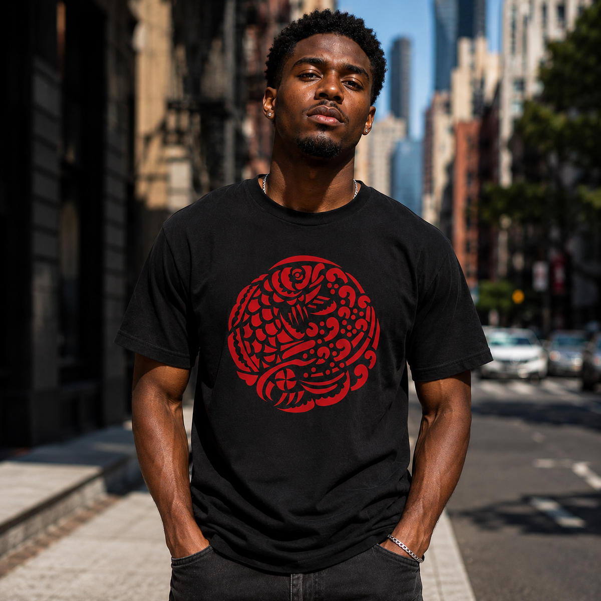 QAWQAB — model wearing THE BLOODLINE tee on a New York street